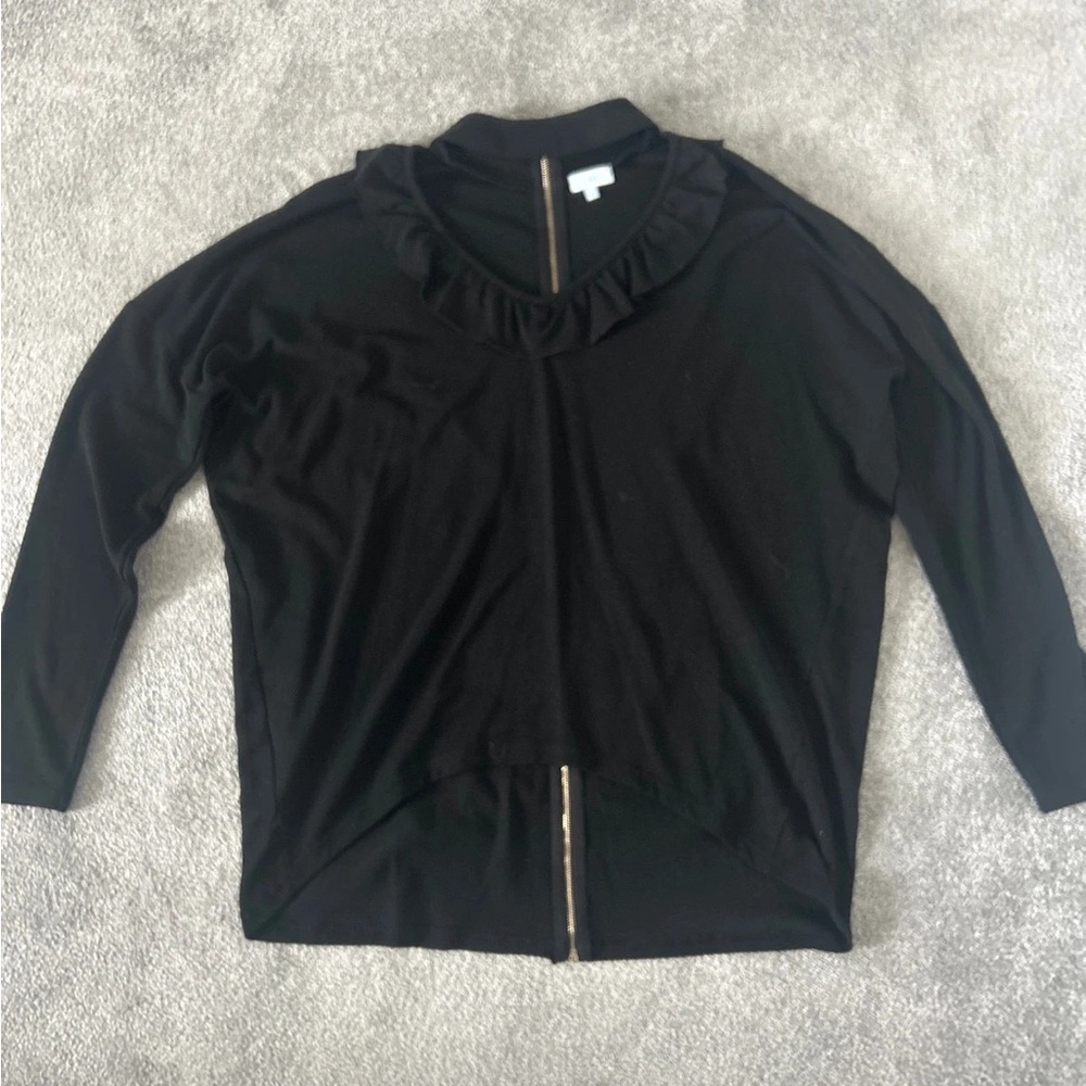 Black Ruffled Zip-Up Cardigan